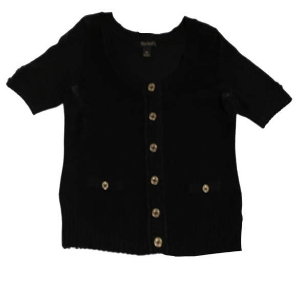 White House Black Market Sweaters - White Black Sweater Chic Classic Pull-On Short-Sleeve Gold Button Crew Neck Med